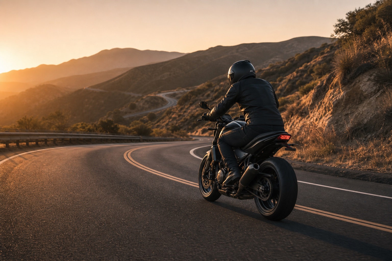 Motorcyclist riding safely on a California canyon highway at sunset